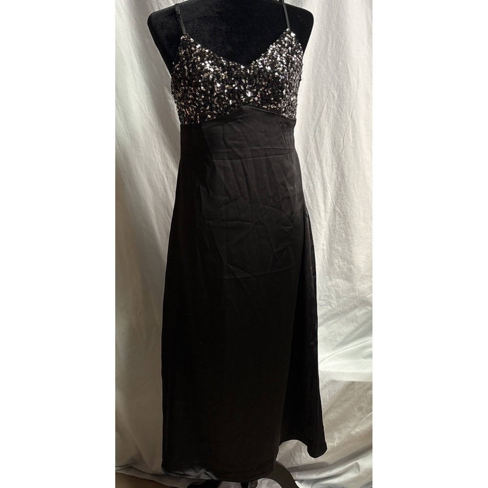 New House of Harlow 1960 Black‎ Satin With Sequins Spagetti Straps Dress Size M - Picture 3 of 16
